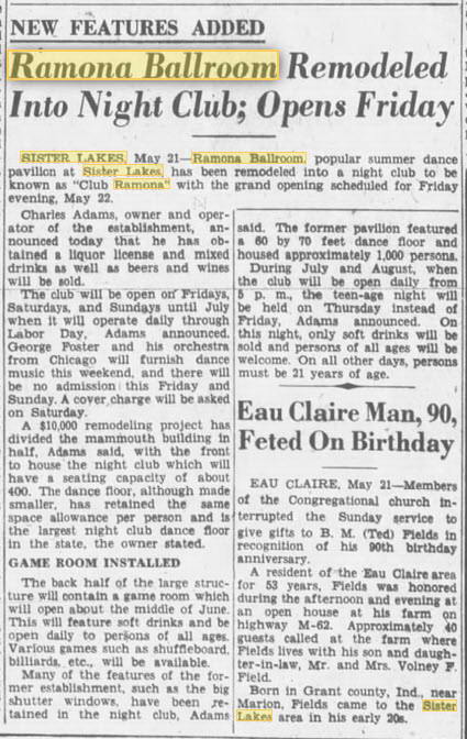 Ramona Ballroom/Dance Pavilion at Sister Lakes - May 21 1953 Converted To Nightclub (newer photo)